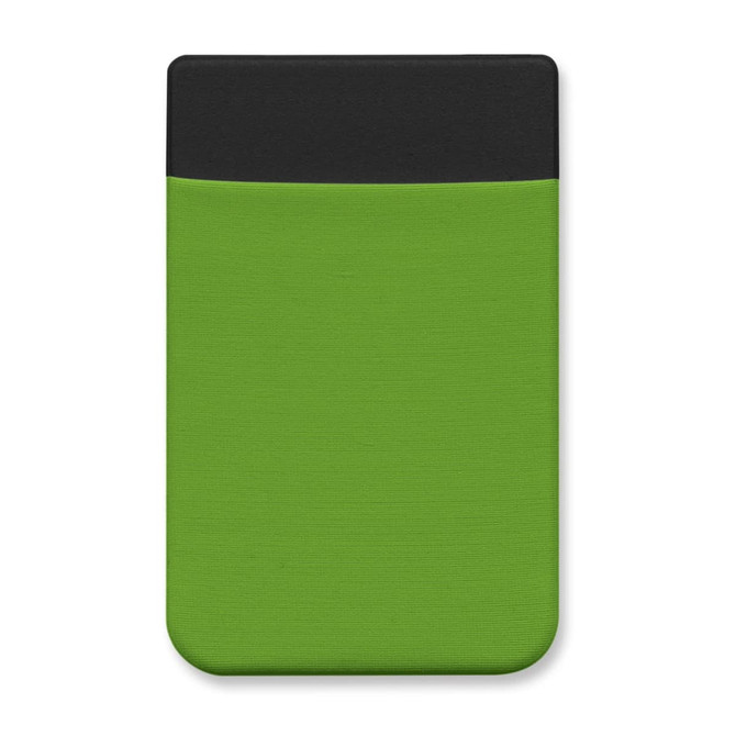 A green Lycra phone wallet with a black top section and a simple, sleek design, featuring a branding logo.