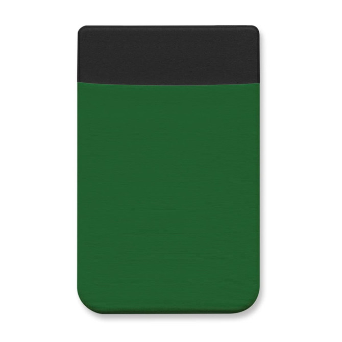 A green Lycra phone wallet with a black top, featuring a logo. Ideal for holding smartphones and cards.