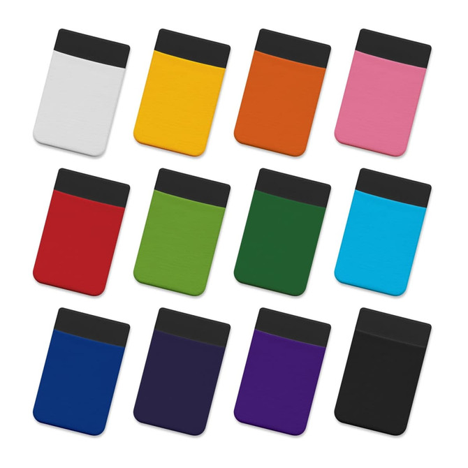 A collection of Lycra phone wallets in various colours including white, yellow, orange, pink, red, green, and black, featuring a logo.