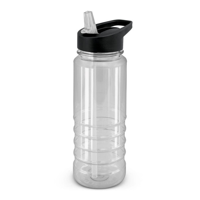 A drink bottle with a clear body and a black lid featuring a straw.