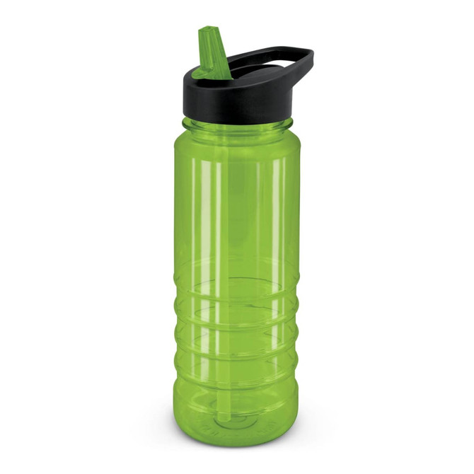 A drink bottle with a vibrant green body and a black lid, featuring a flip-top straw for easy sipping.