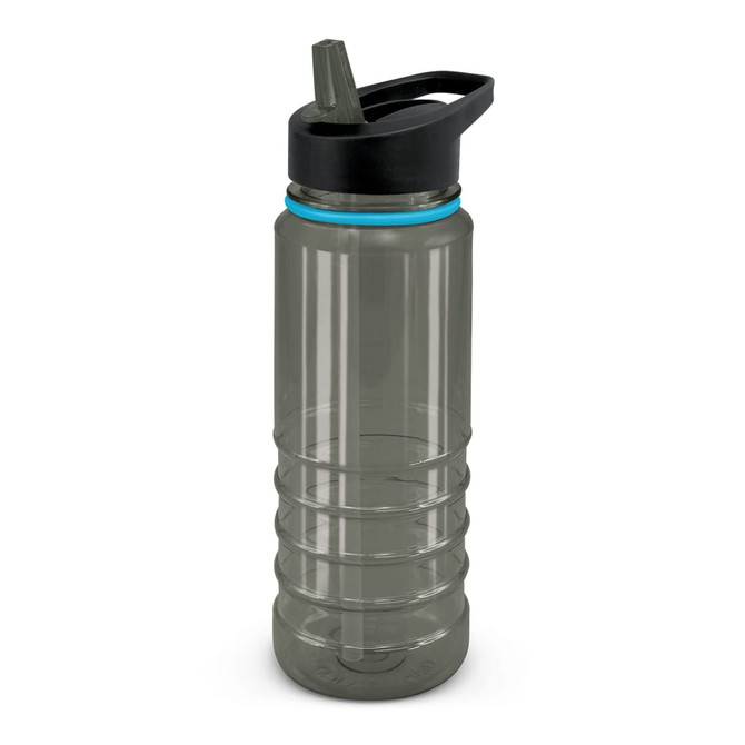 A drink bottle in grey with a black lid and a turquoise accent, featuring a straw and ribbed design.