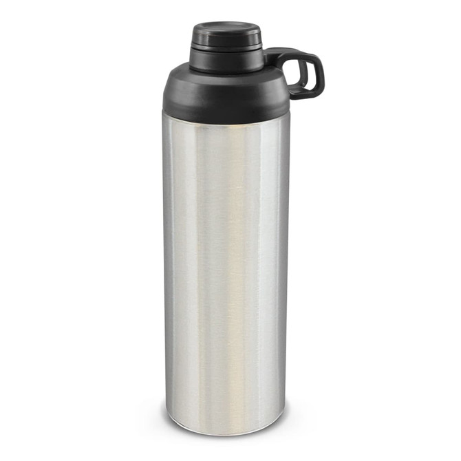 A drink bottle in silver metal with a black screw cap and handle, featuring a logo on the side.