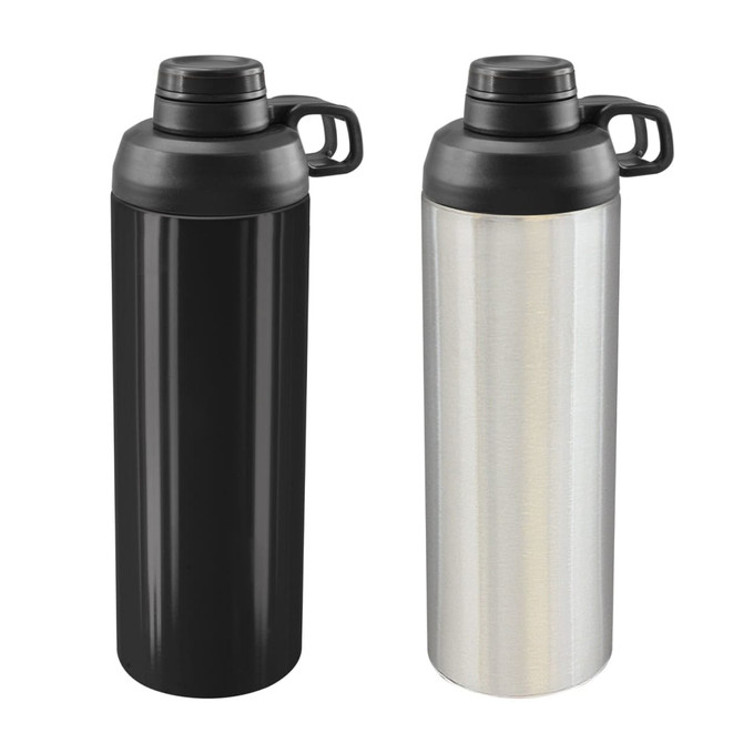 A drink bottle in black and silver metal finishes, featuring a screw-on lid and a handle for easy carrying.