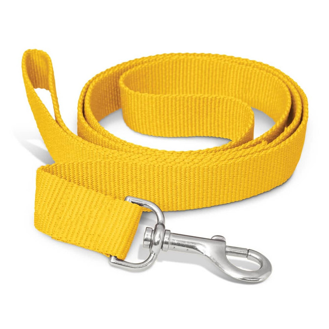 A yellow dog leash with a sturdy metal clip for attachment.