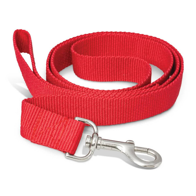 A red dog leash with a sturdy metal clip at one end. The leash is made of durable webbing material and is coiled neatly.