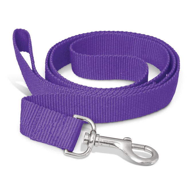 A purple dog leash with a metal clip at one end.