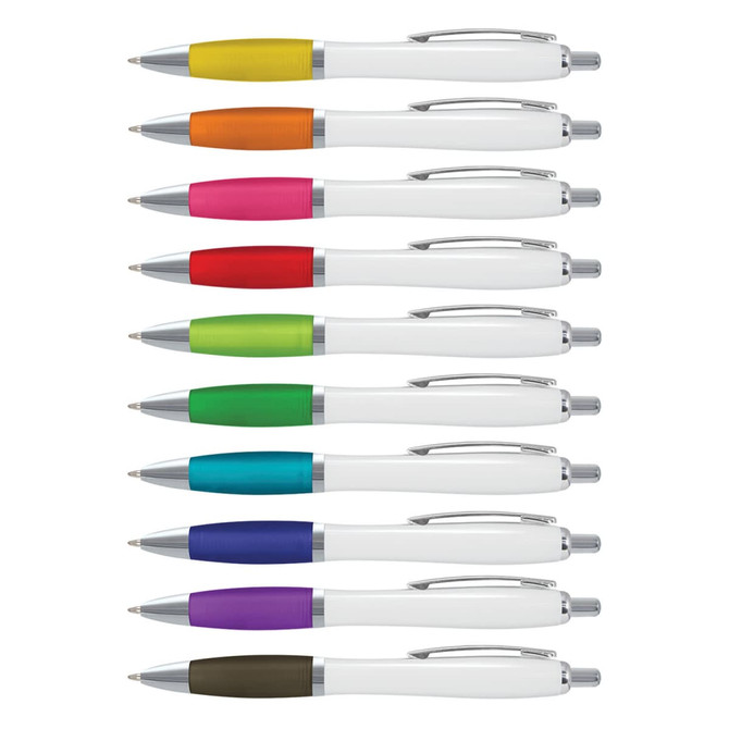 A collection of plastic pens with white barrels and colourful grips in yellow, orange, pink, green, blue, and purple.