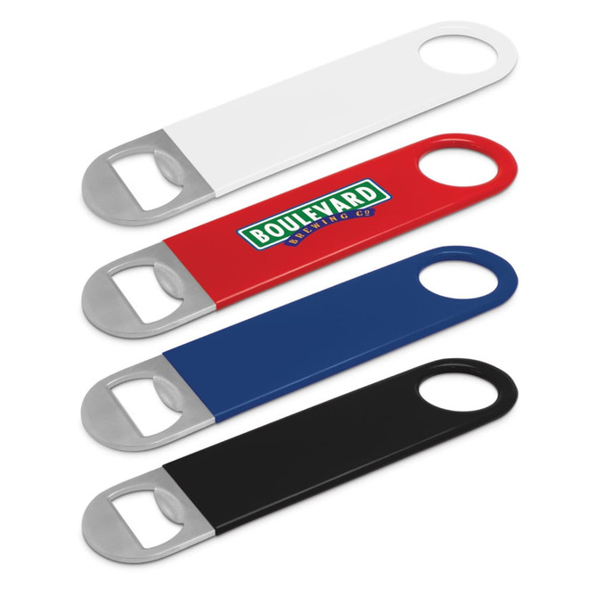 A drink bottle opener set in white, red, blue, and black, featuring a metal bottle opening mechanism and a logo.
