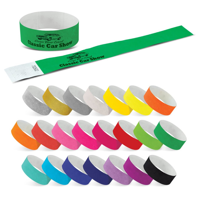A variety of Tyvek event wristbands in multiple colours, including green, yellow, pink, and purple, with a logo.