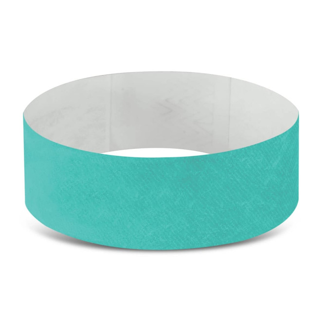 A turquoise Tyvek event wristband with a textured appearance and a plain interior. Features a logo or branding element.