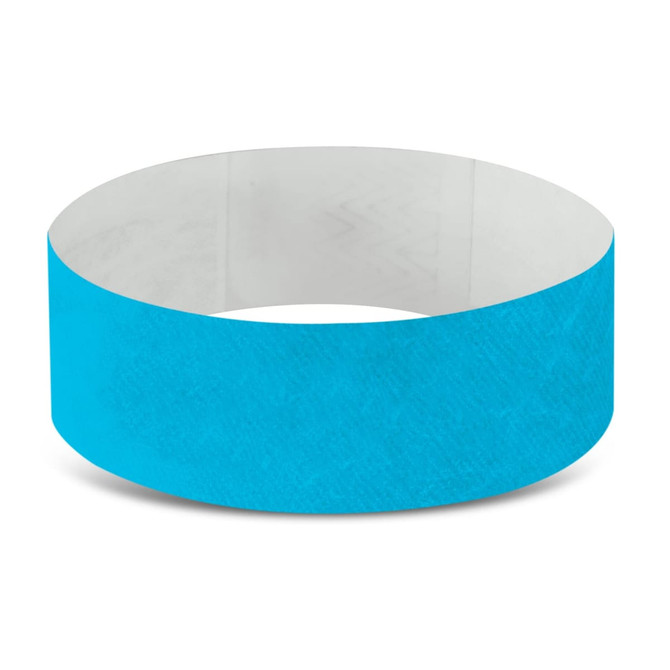 A turquoise Tyvek event wristband with a smooth finish, featuring a logo on the inside.