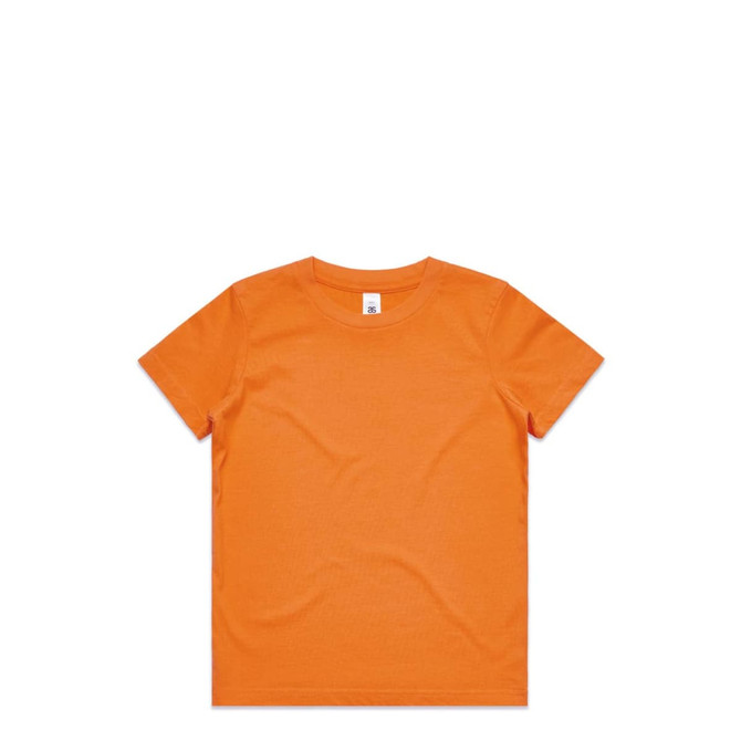 An orange kids' t-shirt with a classic crew neckline and short sleeves, featuring a brand logo on the label.
