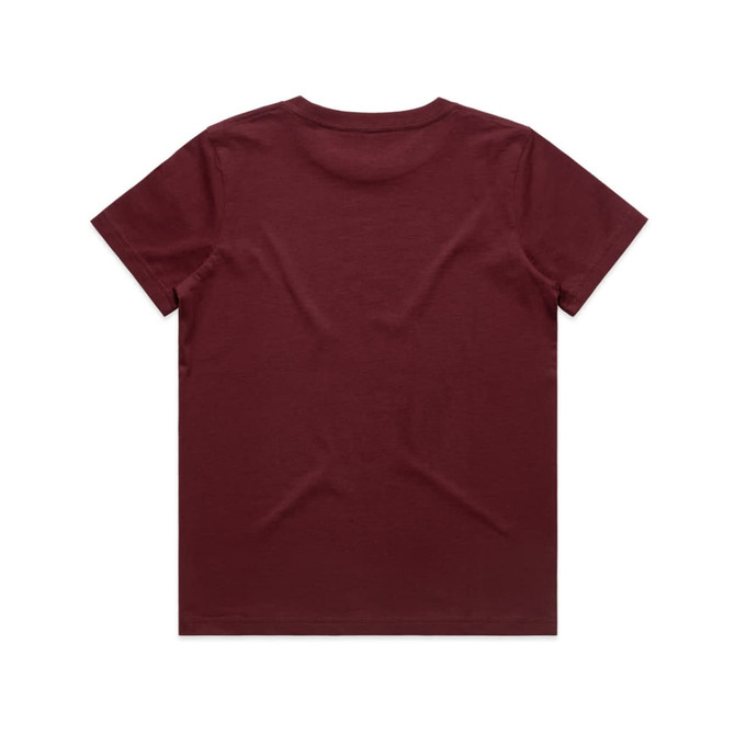 A maroon kids' T-shirt featuring a simple design and a logo on the back.