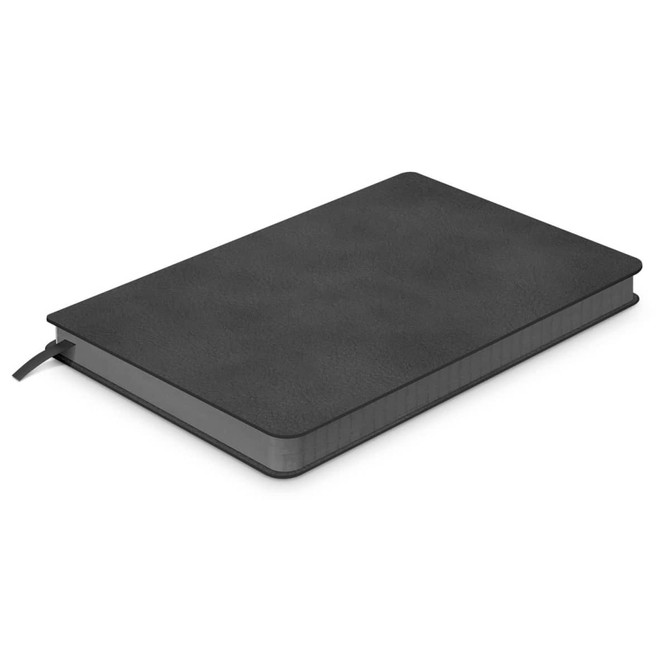 A medium black notebook with a textured cover and a ribbon bookmark, featuring a small logo on the front.