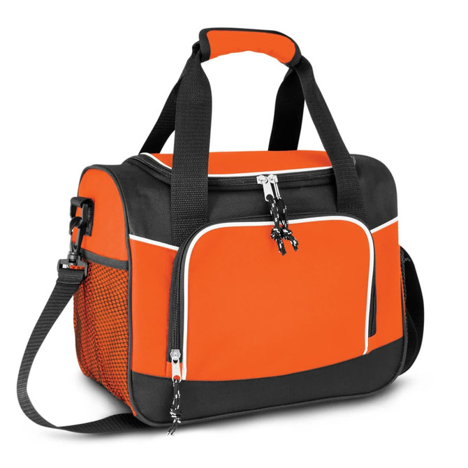 An orange and black cooler bag with a zipper, adjustable strap, and a mesh side pocket. It has a logo.