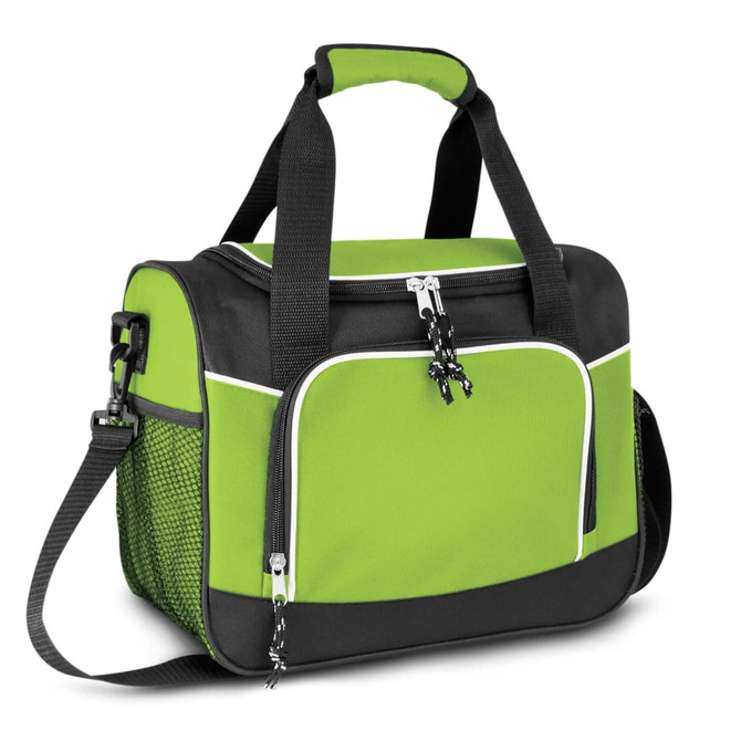 A green and black cooler bag with handles, a shoulder strap, and a mesh side pocket. It has a logo on the front.