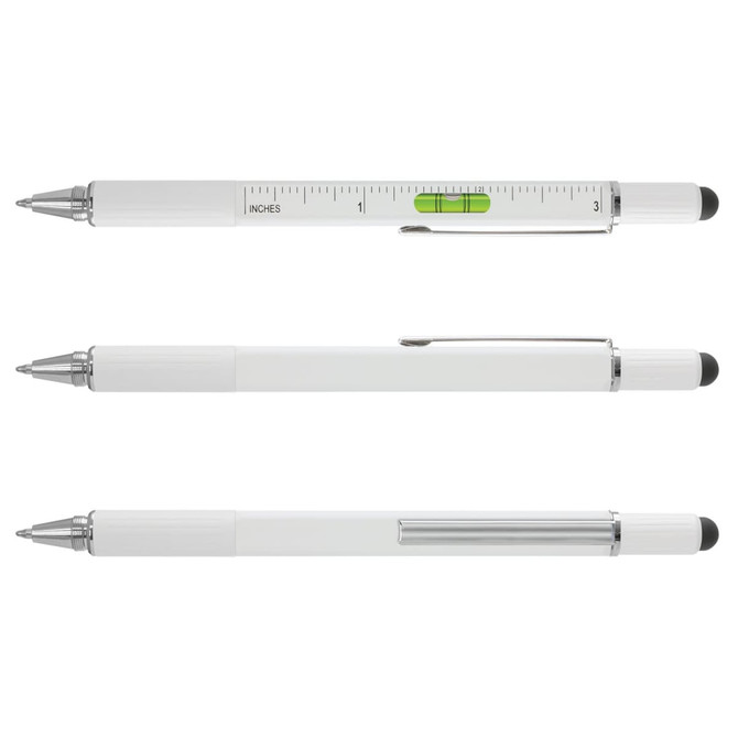 A multi-function pen featuring a ruler, level, and stylus. The pen has a sleek metal design and is available in white.