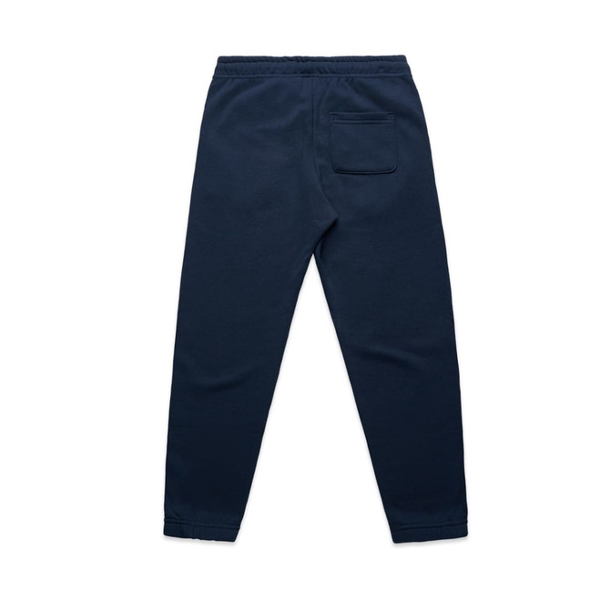 Navy track pants featuring a single back pocket and a tapered leg design. Includes an elasticised waistband.