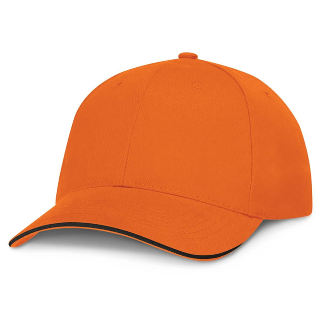 A cap with an orange body and black trim, featuring a curved brim and a classic design.
