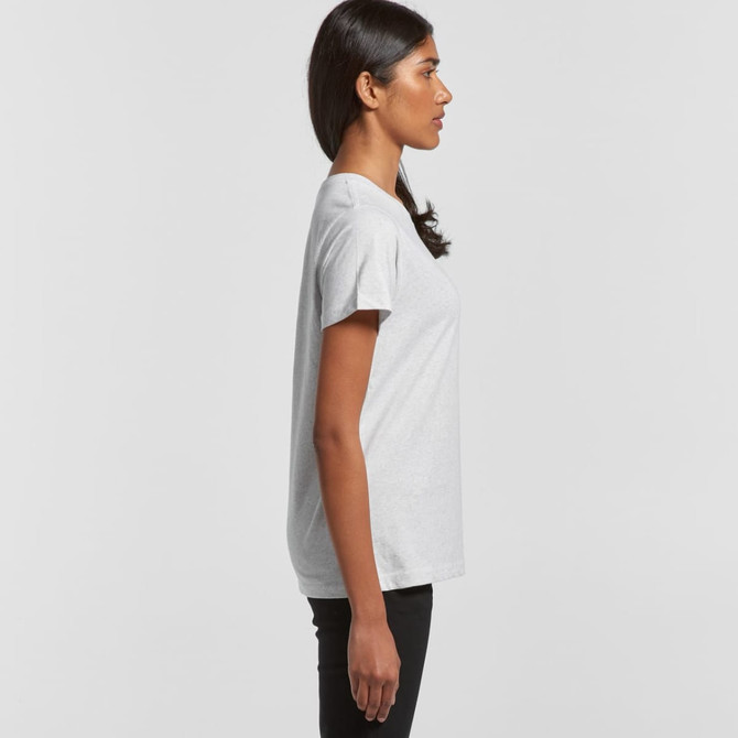 A grey t-shirt displayed from the side, featuring a simple design and short sleeves. It has a logo on the label.