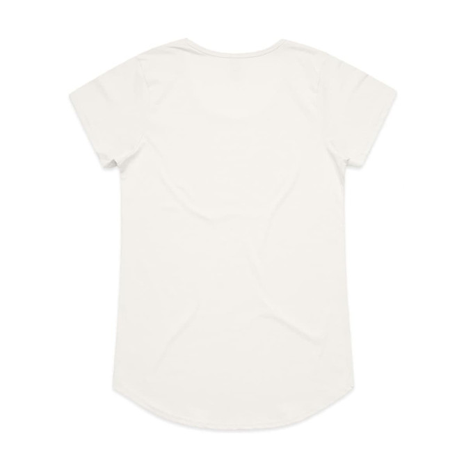 A plain white t-shirt with a rounded hem and short sleeves, featuring a logo on the back.