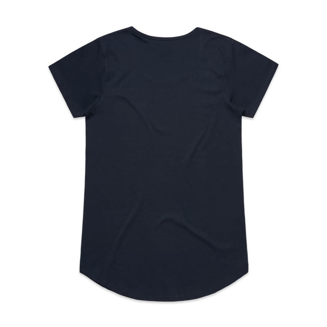 A dark navy blue T-shirt with short sleeves and a rounded hem, featuring a logo.
