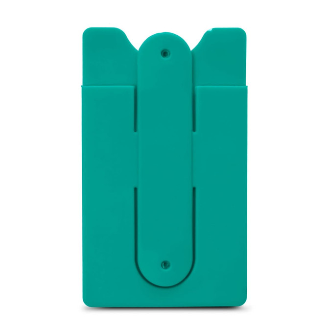 A teal phone wallet with a simple design and a slot for cards, featuring a logo on the front.