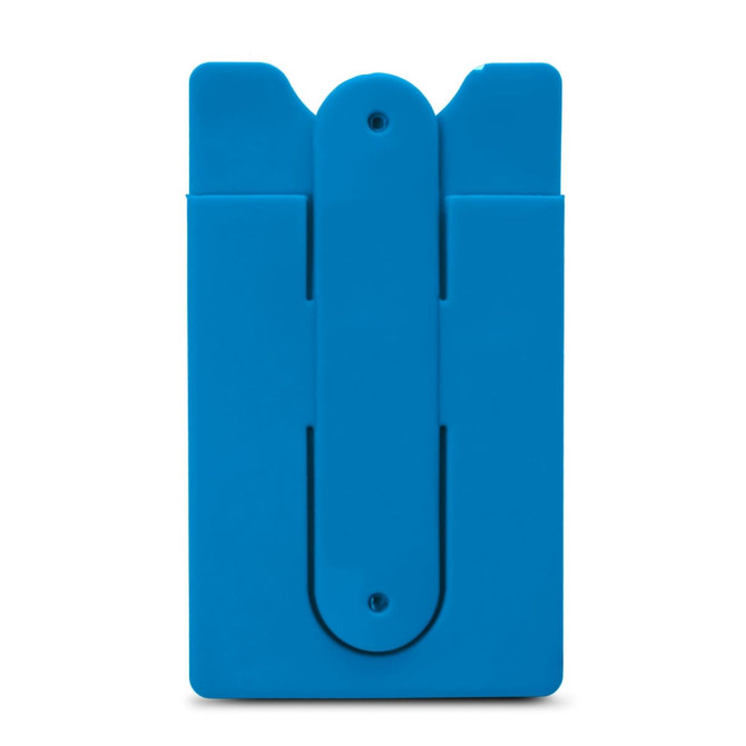 A blue phone wallet with a clip on the back, featuring a simple, streamlined design. It has a logo.