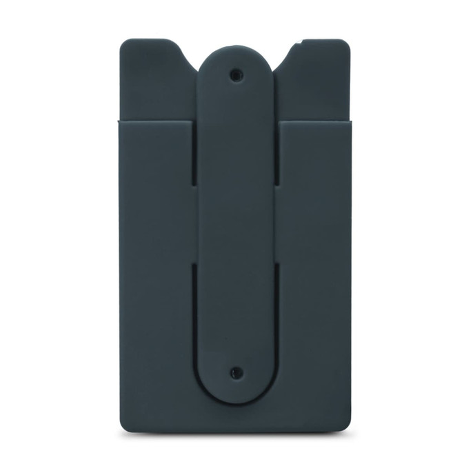 A dark grey phone wallet with a clip on the back and a sleek, minimalist design. It has a subtle logo.