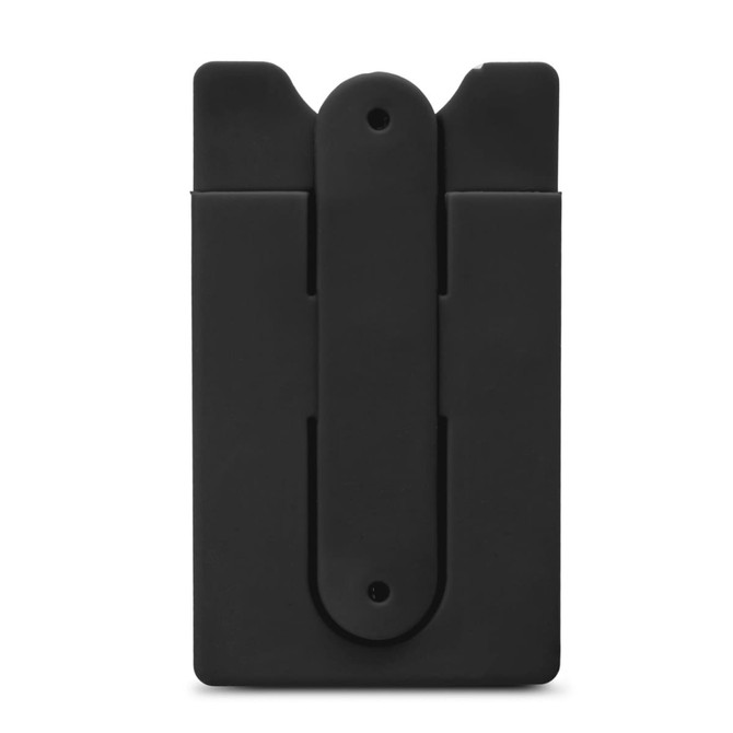 A black phone wallet featuring an indented design and a secure clip on the back.