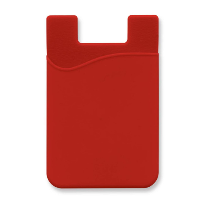 A red silicone phone wallet with a curved design and a slot for cards. It features a logo on the front.