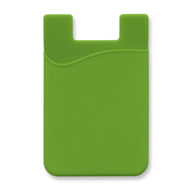 A green silicone phone wallet with a wave design and a slot for cards, featuring a logo.