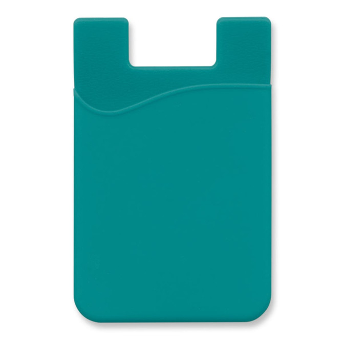 A teal silicone phone wallet featuring a smooth surface and a curved top edge, with a slot for cards.