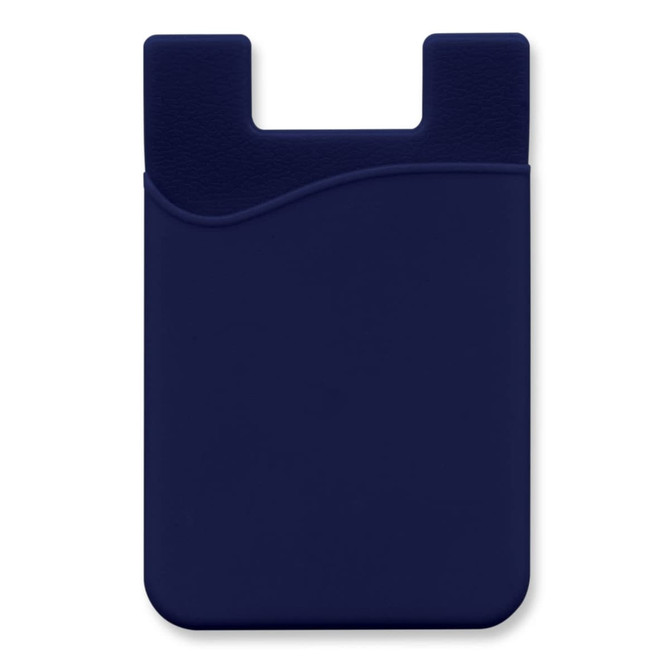 A navy silicone phone wallet featuring a curved design and a slot for cards. It has a simple and sleek look.