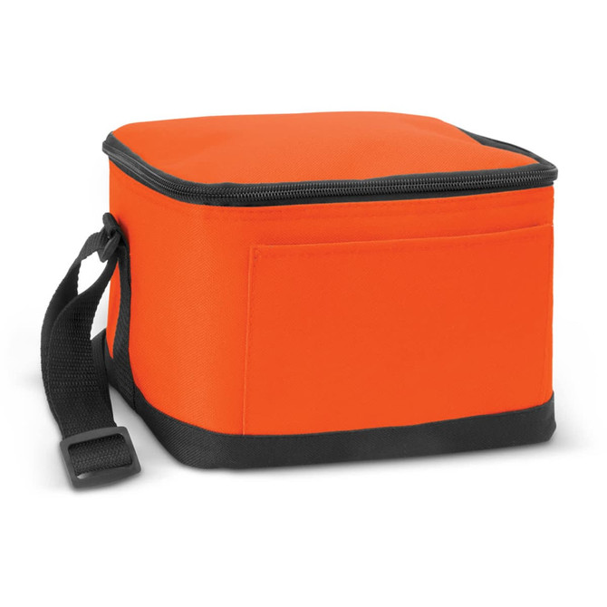 An orange insulated cooler bag with a black bottom and a carrying strap. Features a side pocket.