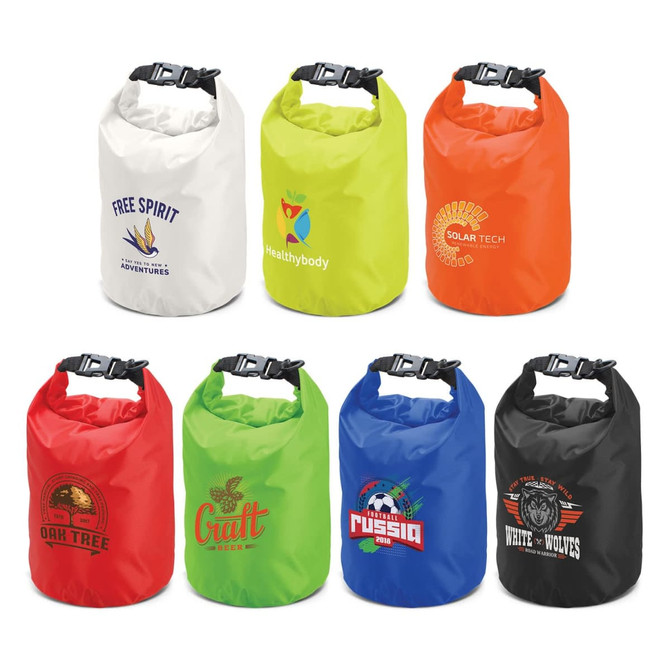 A collection of eight 5L dry bags in various colours, including white, orange, red, green, blue, and black, each with a logo.