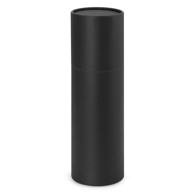 A drink bottle in a sleek black design, featuring a round top and a simple cylindrical shape, with a logo.