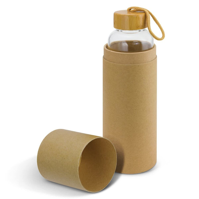 A drink bottle with a glass body and bamboo lid, accompanied by a kraft cardboard sleeve.