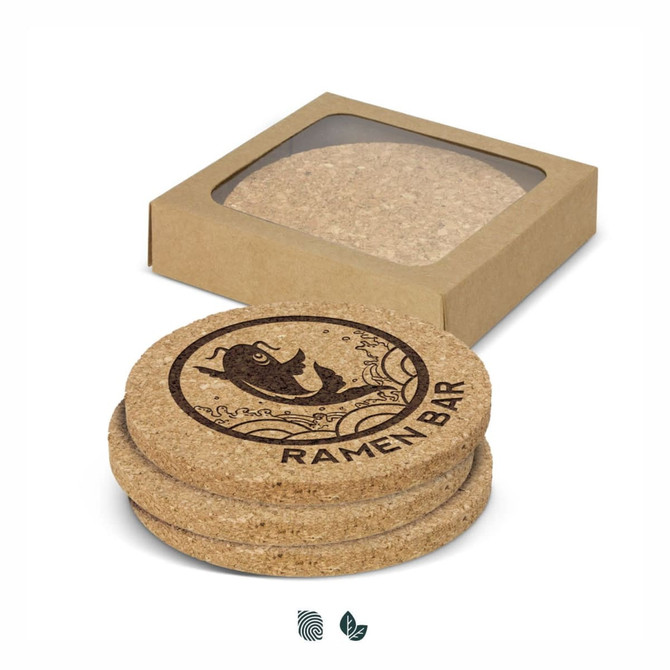 A set of four round cork coasters in a kraft box, featuring a logo design related to a ramen bar.