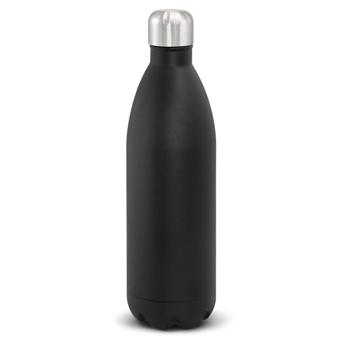 A drink bottle with a sleek black design and a silver cap, featuring a one-litre capacity.