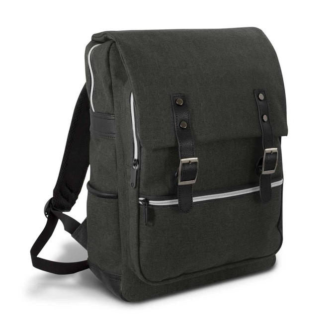 A dark green backpack featuring two front pockets, adjustable straps, and leather accents. It has a logo on it.