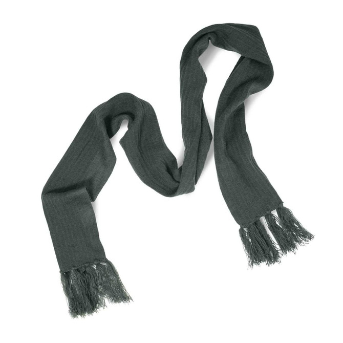 A Nebraska Cable Knit Scarf in a dark green color with frayed edges.