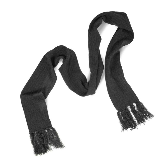 A Nebraska Cable Knit Scarf in a dark, textured fabric with fringe details at both ends.