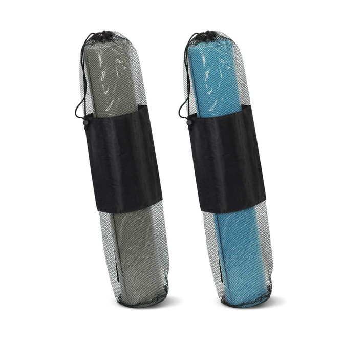 A pair of Zen Yoga Mats in olive green and teal, each enclosed in a black mesh carry bag.