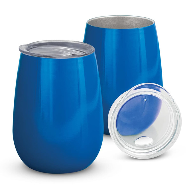 A drink bottle set featuring two metallic blue vacuum cups and a clear lid.