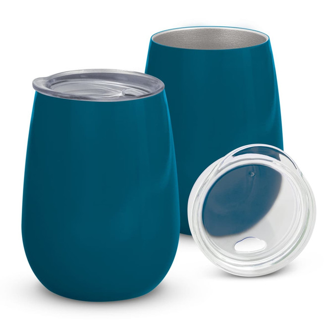 A drink bottle set featuring two teal vacuum cups and a clear lid, with a sleek stainless steel interior.