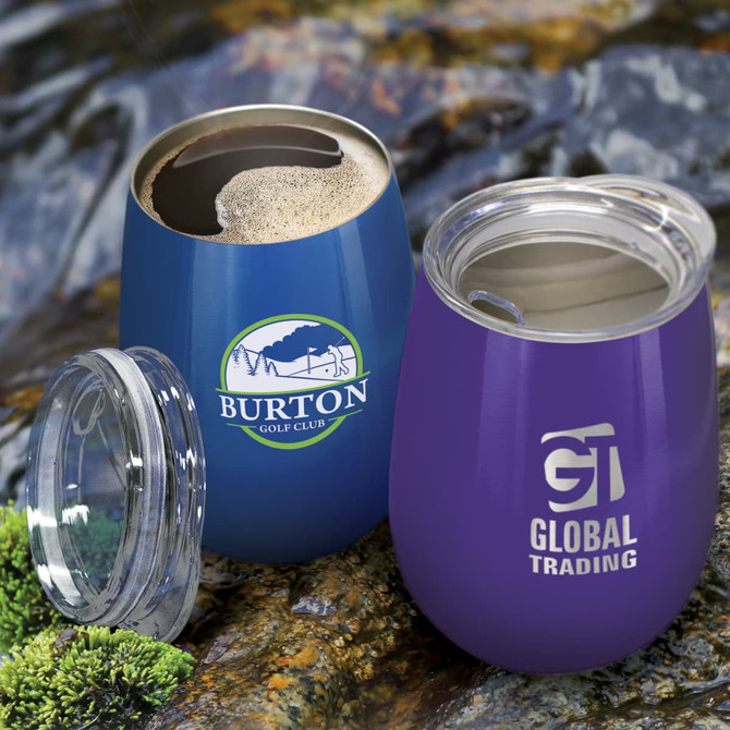 A drink bottle featuring a blue and a purple vacuum cup, both with unique logos and clear lids.