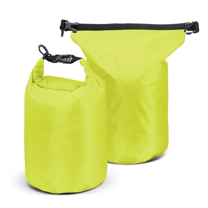 A vibrant yellow dry bag set featuring two sizes with adjustable closures. Each bag has a logo.