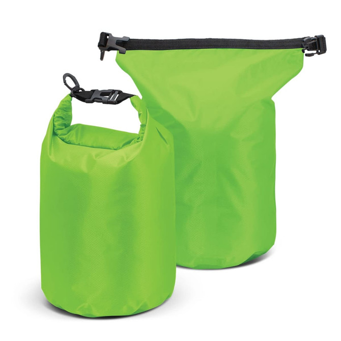 A bright green 10L dry bag with a roll-top closure and a buckle, featuring a logo on the side.